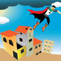 palestinian super hero flying in the sky under him destroyed houses