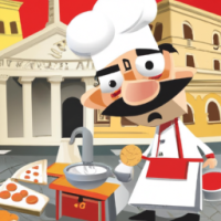 Realistic image of Mario making pizza in the city of rome