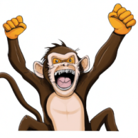 a furious monkey with a white man skin complexion raising it's hands up as a sign of celebration 